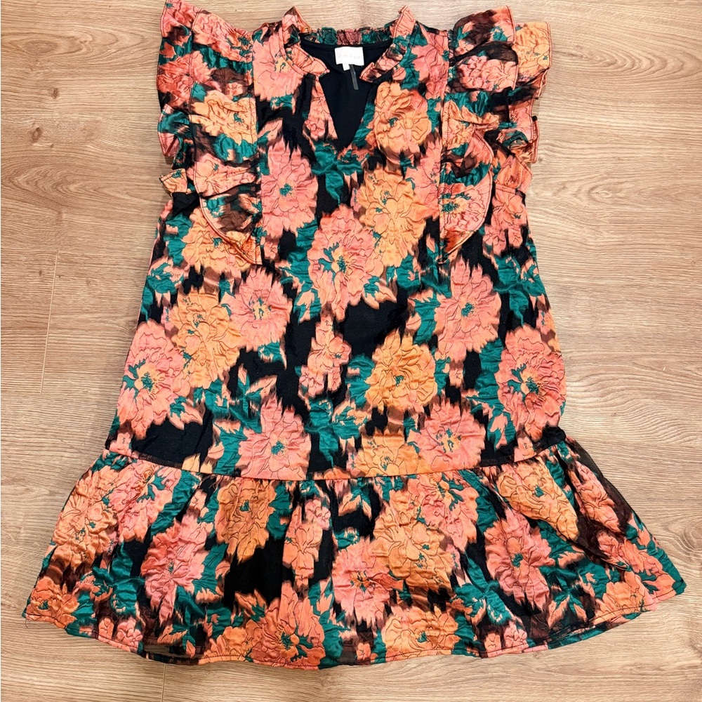 Floral Ruffle Dress in Black and Orange